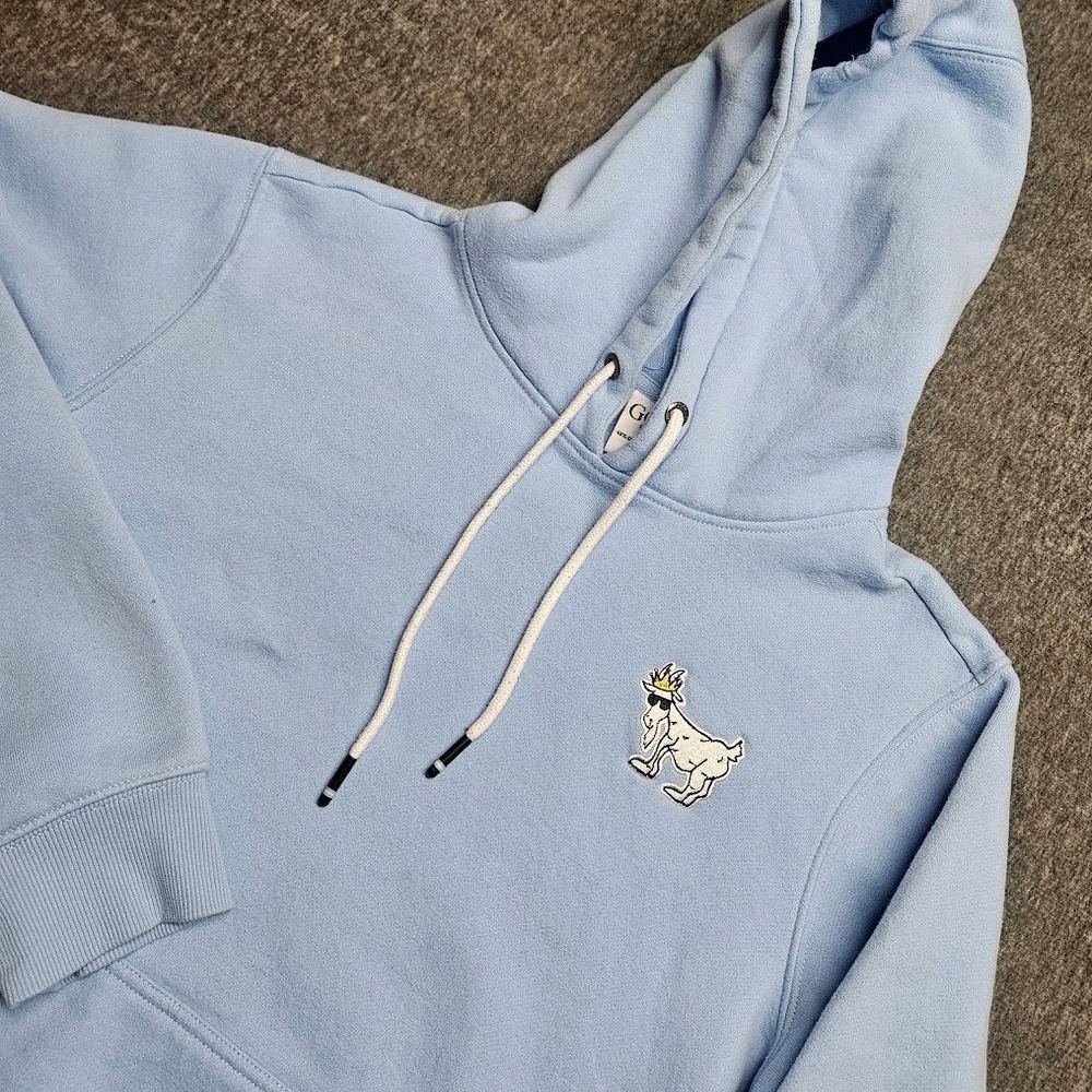 GOAT USA Hoodie Mens Small Light Blue Pullover Crowned Goat Logo Sweatshirt